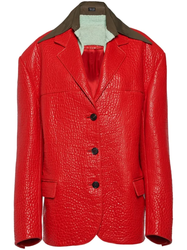 Red Layered-Collar Leather Blazer