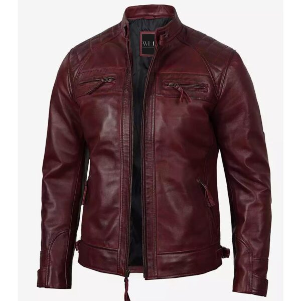 Men’s Cognac Burgundy Leather Jacket - Image 2