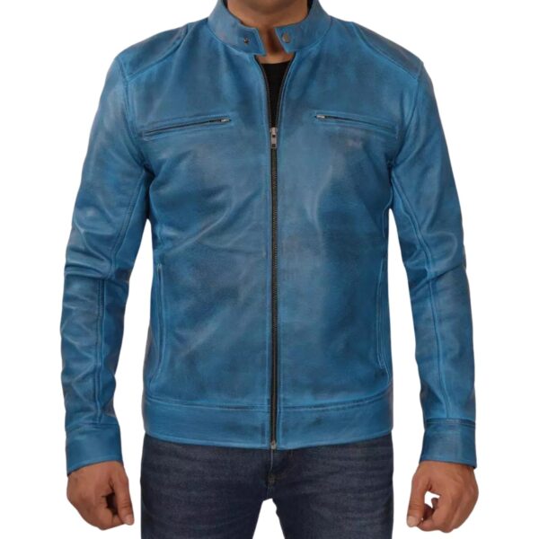 Men's Blue Lambskin Leather Cafe Racer Jacket
