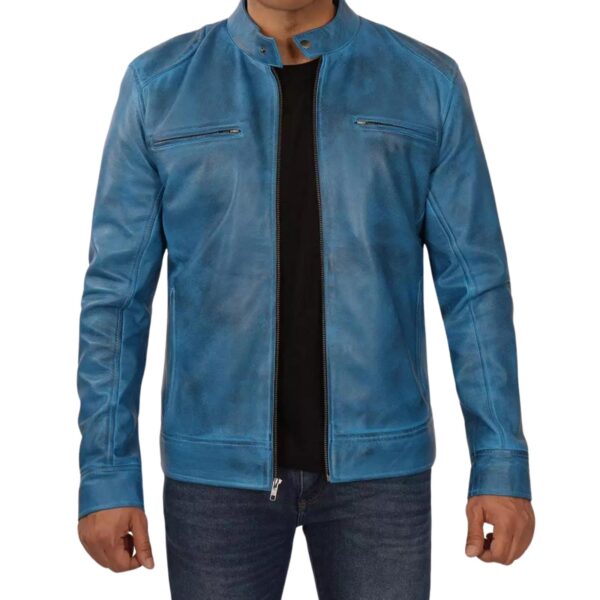 Men's Blue Lambskin Leather Cafe Racer Jacket - Image 2