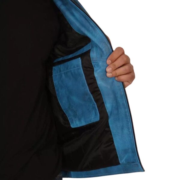 Men's Blue Lambskin Leather Cafe Racer Jacket - Image 3