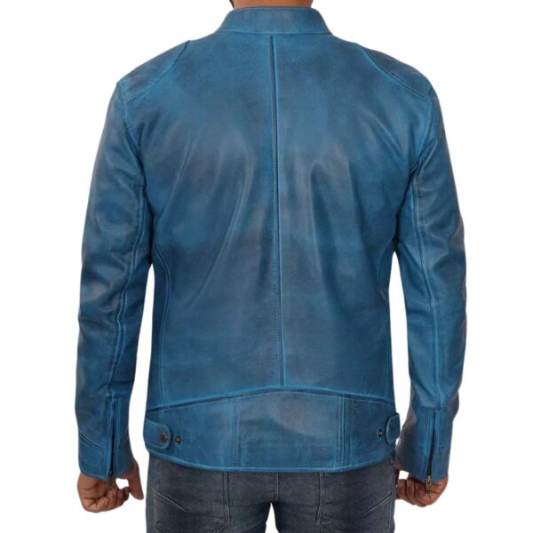 Men's Blue Lambskin Leather Cafe Racer Jacket - Image 4