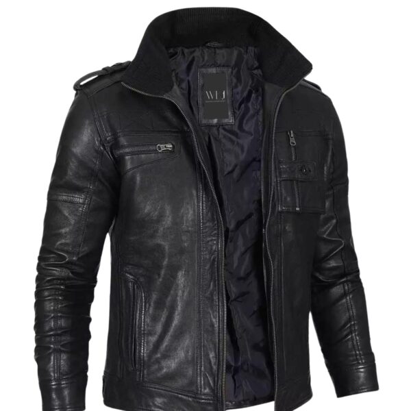 Men’s Distressed Black Racer Leather Jacket - Image 2