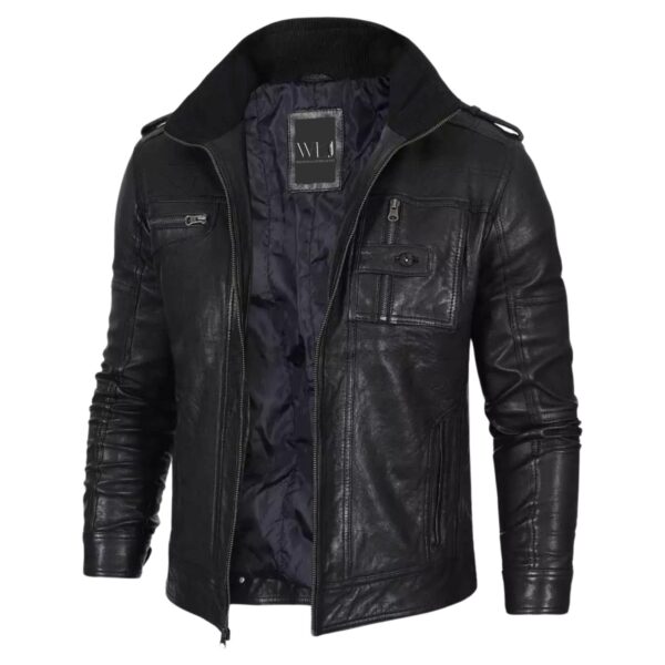 Men’s Distressed Black Racer Leather Jacket - Image 3