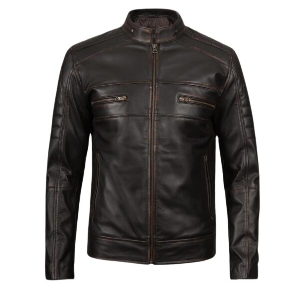 Men's Dark Brown Cafe Racer Leather Jacket - Image 2