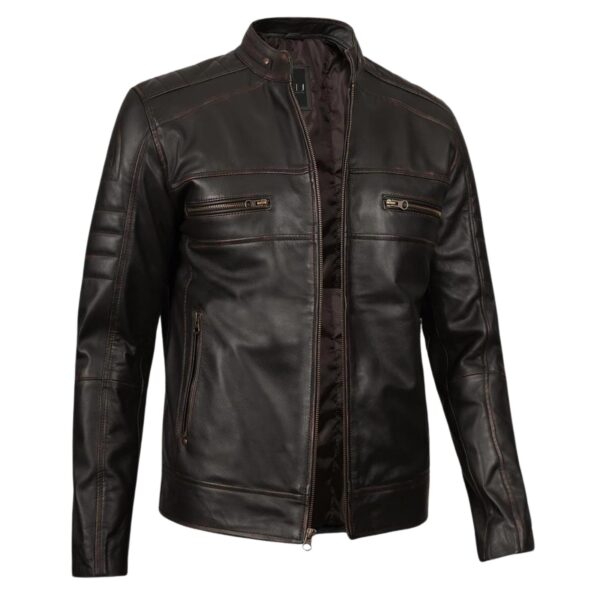 Men's Dark Brown Cafe Racer Leather Jacket - Image 3