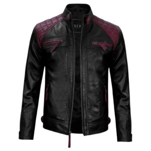 Men’s Black and Maroon Cafe Racer Leather Jacket