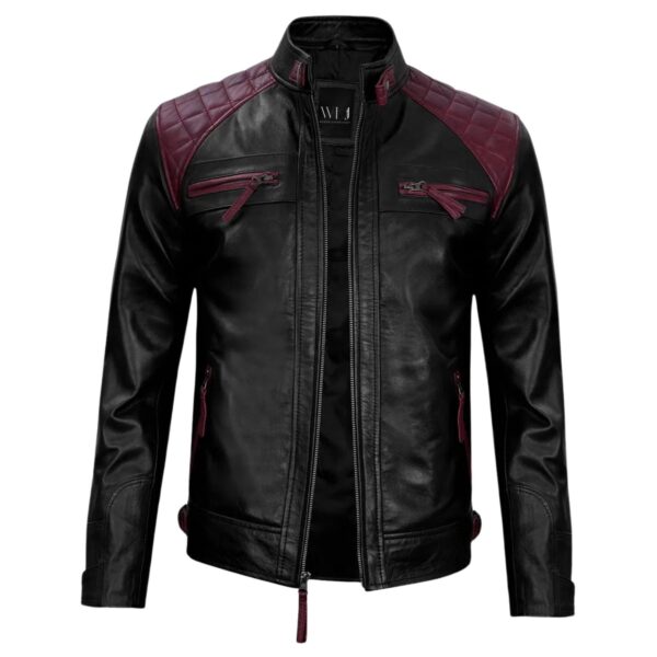 Men’s Black and Maroon Cafe Racer Leather Jacket