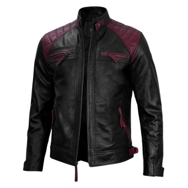 Men’s Black and Maroon Cafe Racer Leather Jacket - Image 2