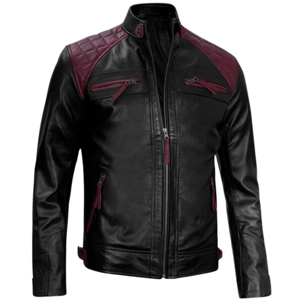 Men’s Black and Maroon Cafe Racer Leather Jacket - Image 3