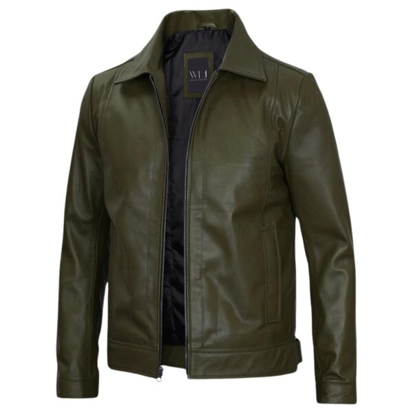 Men's Olive Green Leather Jacket - Image 3