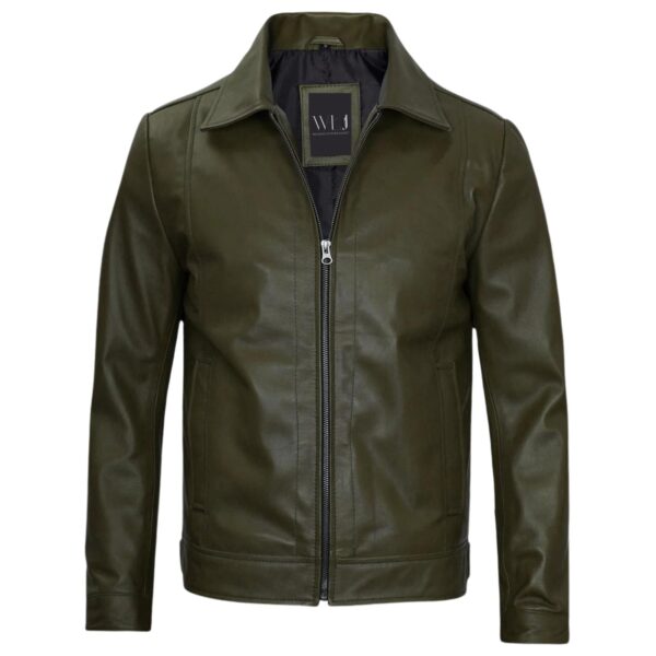 Men's Olive Green Leather Jacket - Image 2
