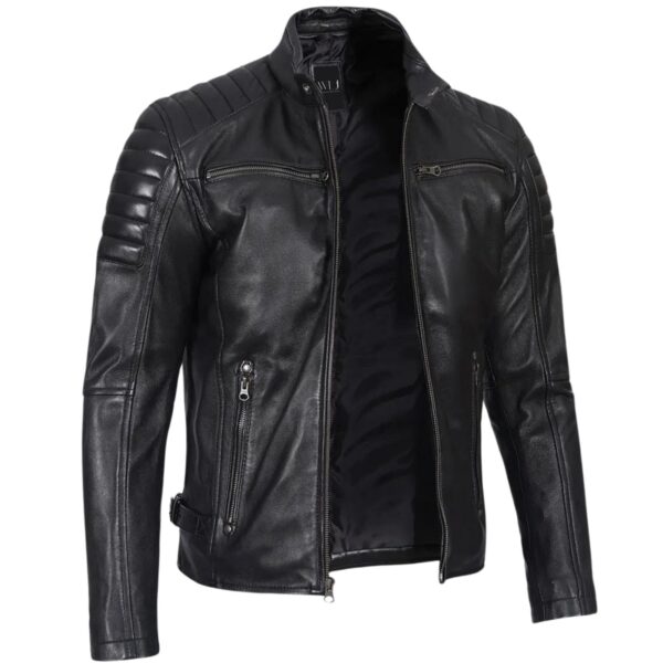 Men's Black Cafe Racer Padded Shoulders Jacket - Image 2