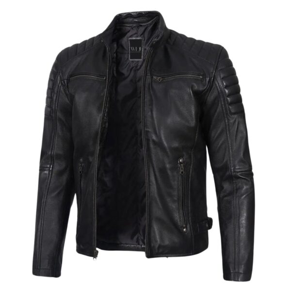 Men's Black Cafe Racer Padded Shoulders Jacket - Image 3