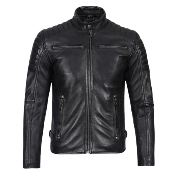 Men's Black Cafe Racer Padded Shoulders Jacket