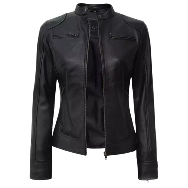 Women’s Petite Black Lambskin Leather Jacket - Image 2