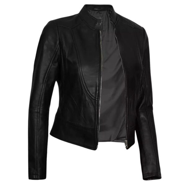 Women’s Leather Jacket With Mandarin Collar - Image 2