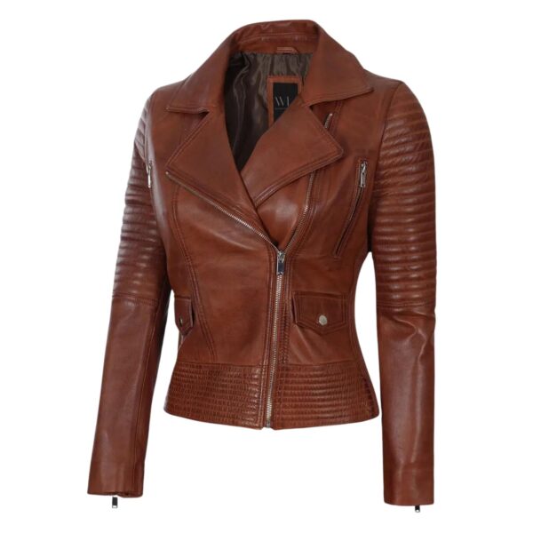 Women’s Asymmetrical Zipper Brown Leather Jacket - Image 2