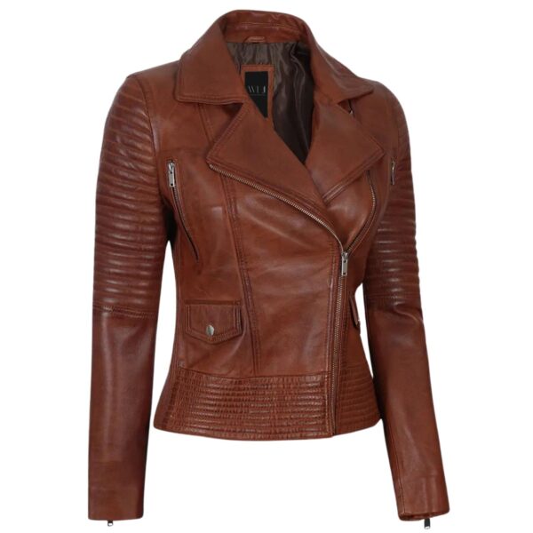 Women’s Asymmetrical Zipper Brown Leather Jacket - Image 3