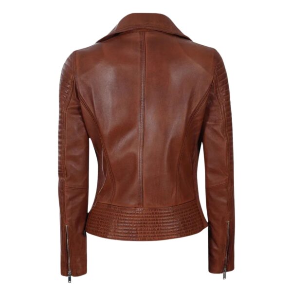 Women’s Asymmetrical Zipper Brown Leather Jacket - Image 4