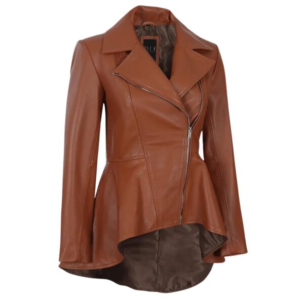Womens Brown Peplum Leather Jacket - Image 2