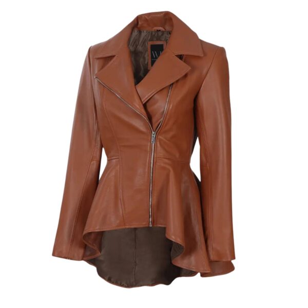 Womens Brown Peplum Leather Jacket - Image 3