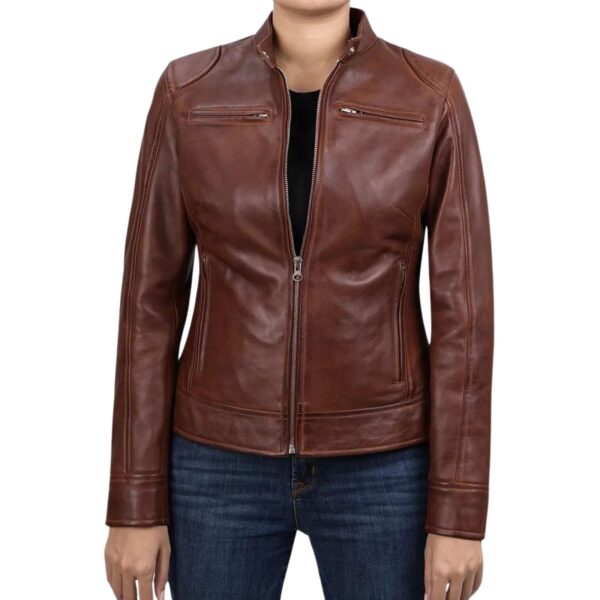 Women's Cognac Brown Leather Jacket - Image 2