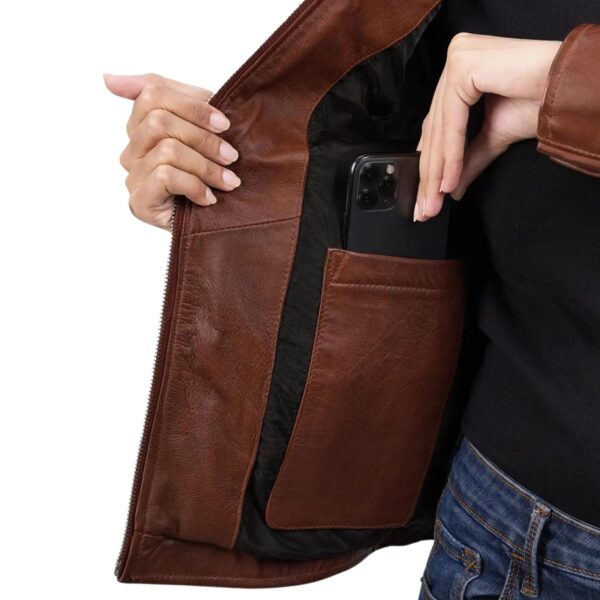 Women's Cognac Brown Leather Jacket - Image 3